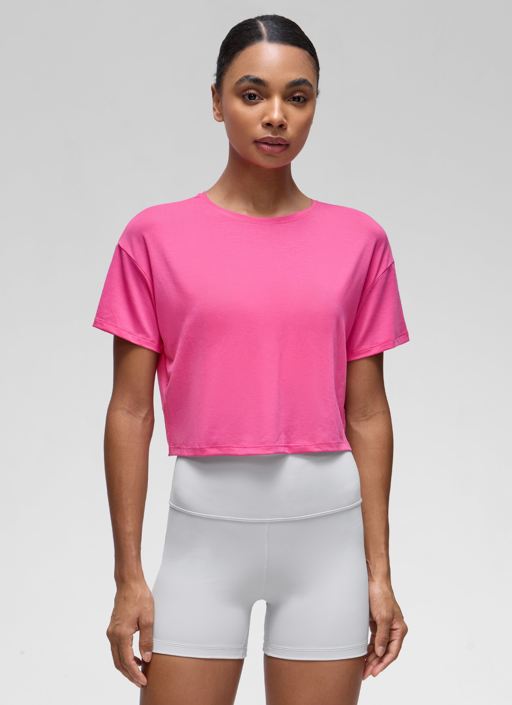CRZ YOGA Women's Yoga Relaxed Fit Cropped Open Back Short Sleeves Sonic Pink