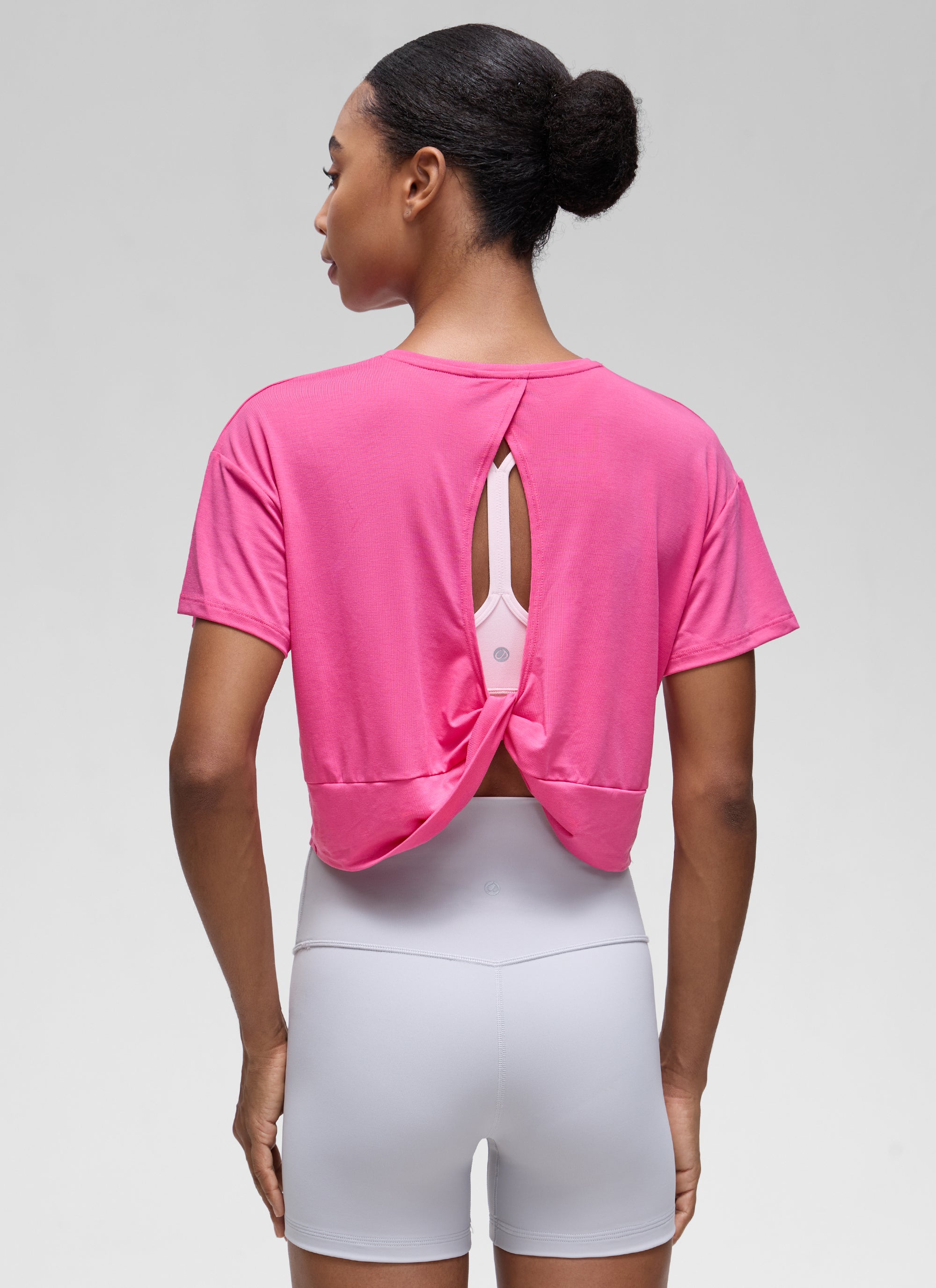 CRZ YOGA Women's Yoga Relaxed Fit Cropped Open Back Short Sleeves Sonic Pink