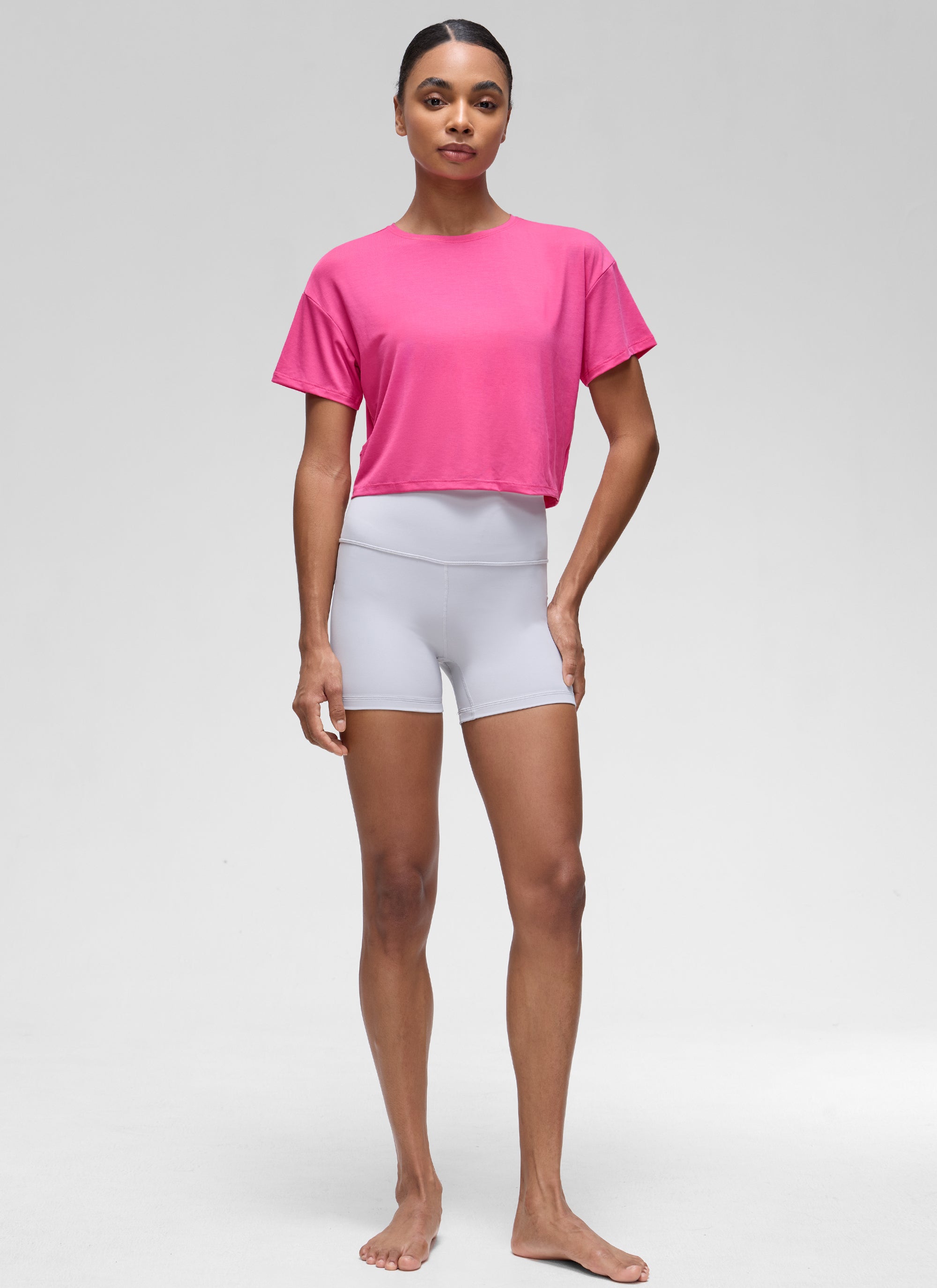CRZ YOGA Women's Yoga Relaxed Fit Cropped Open Back Short Sleeves Sonic Pink