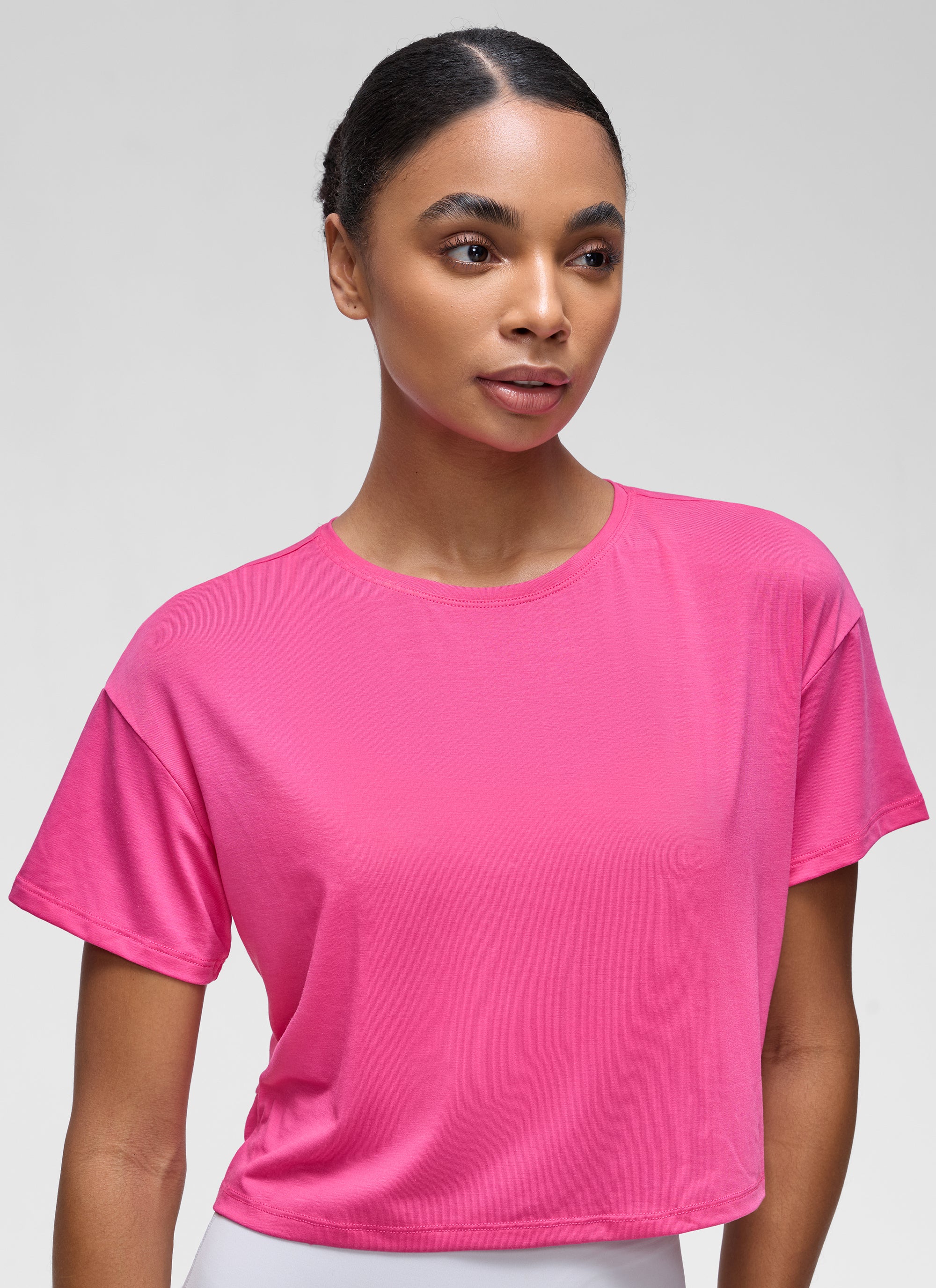 CRZ YOGA Women's Yoga Relaxed Fit Cropped Open Back Short Sleeves Sonic Pink