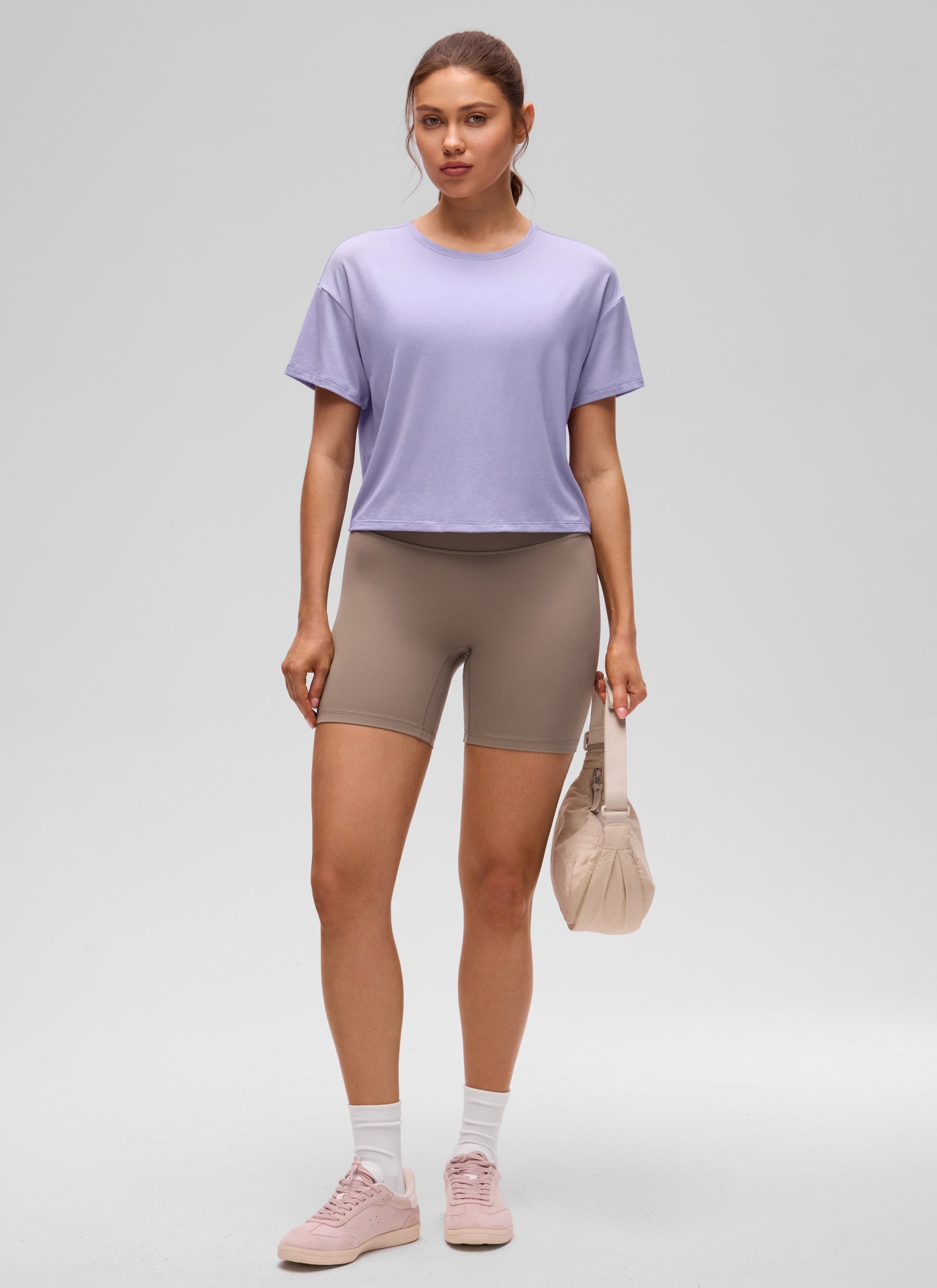 CRZ YOGA Women's Yoga Relaxed Fit Cropped Open Back Short Sleeves Lilac Lavender