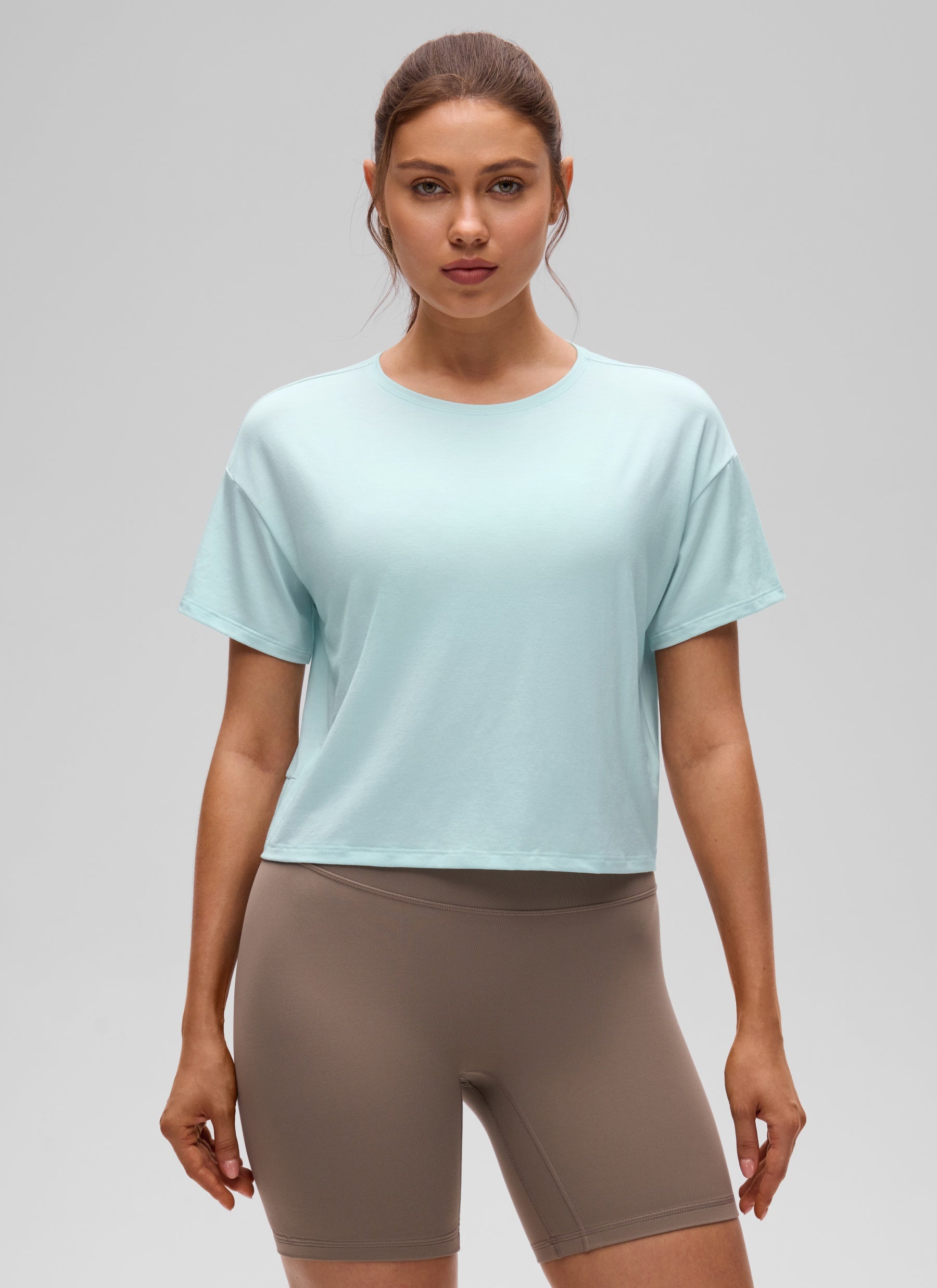 CRZ YOGA Women's Yoga Relaxed Fit Cropped Open Back Short Sleeves Skylight Green