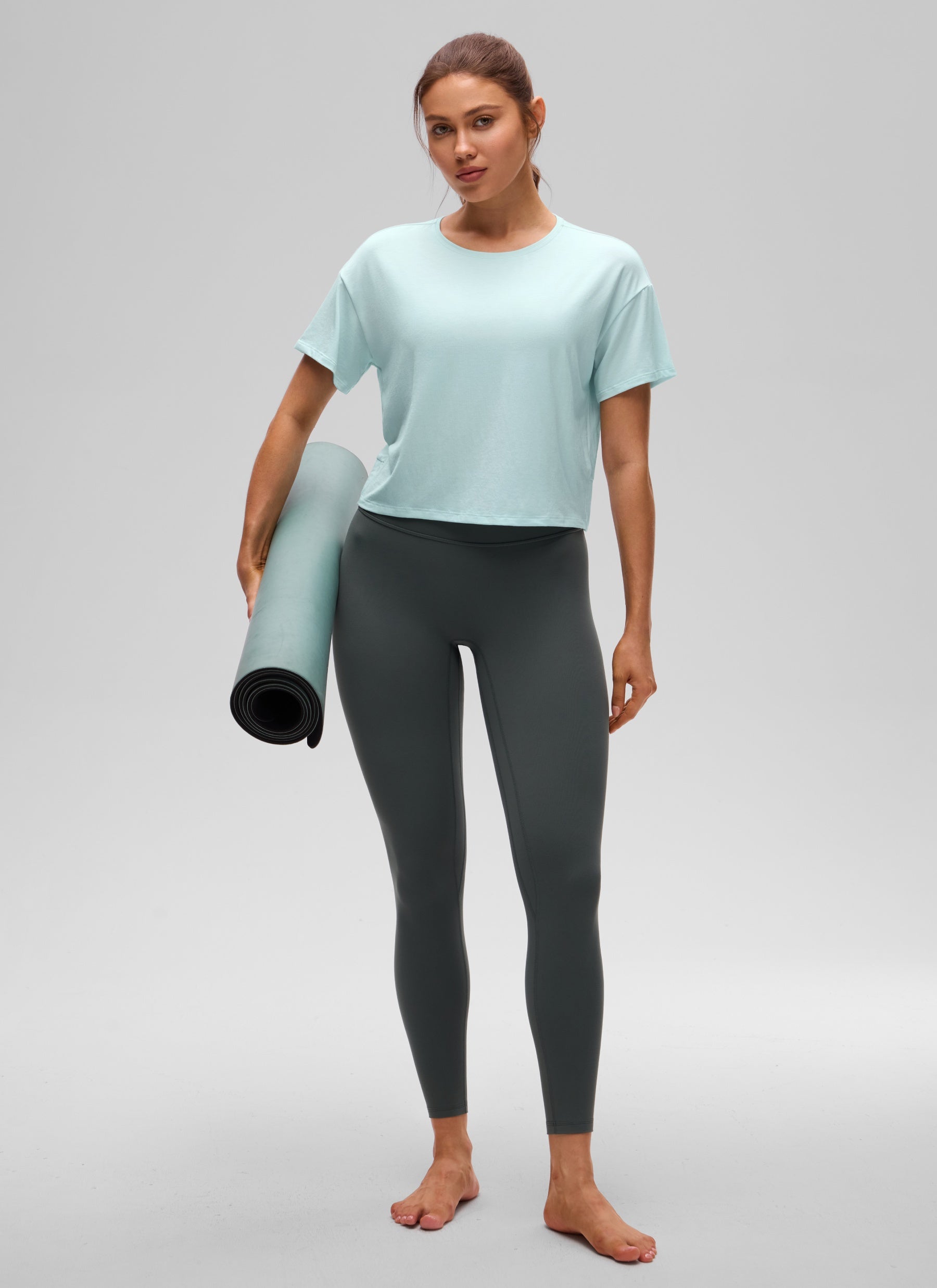 CRZ YOGA Women's Yoga Relaxed Fit Cropped Open Back Short Sleeves Skylight Green