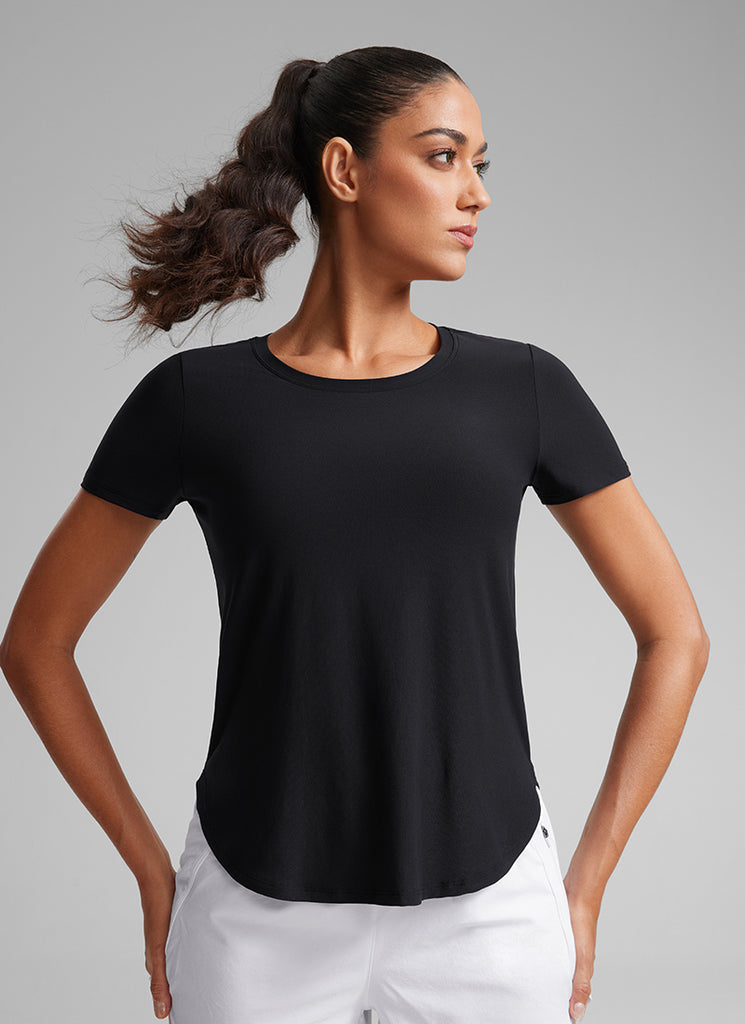 CRZ YOGA Women's Workout Lightweight Crewneck Short Sleeves Side Slit Black