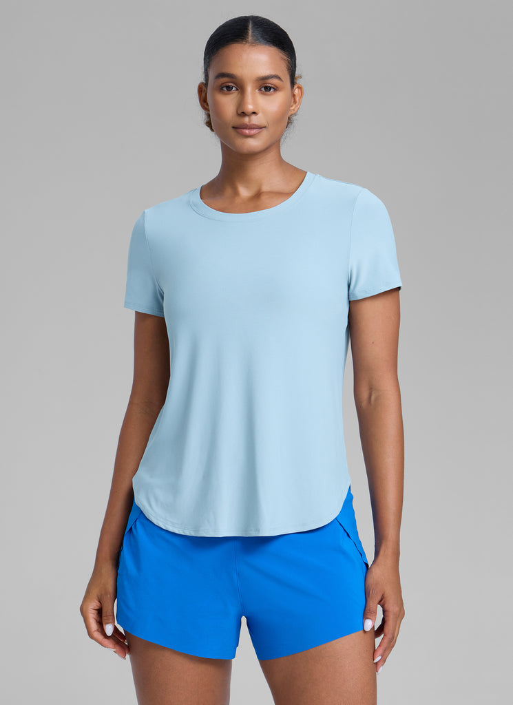 CRZ YOGA Women's Workout Lightweight Crewneck Short Sleeves Side Slit Light grayish blue