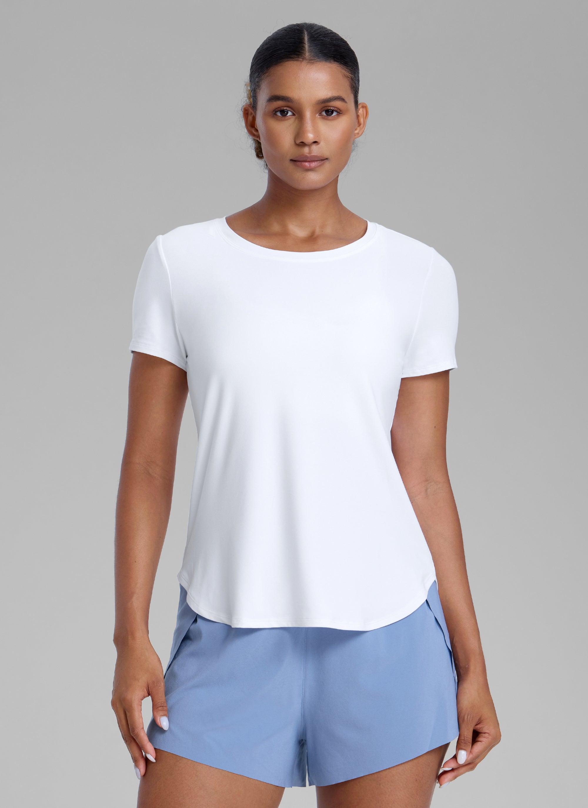 CRZ YOGA Women's Workout Lightweight Crewneck Short Sleeves Side Slit White