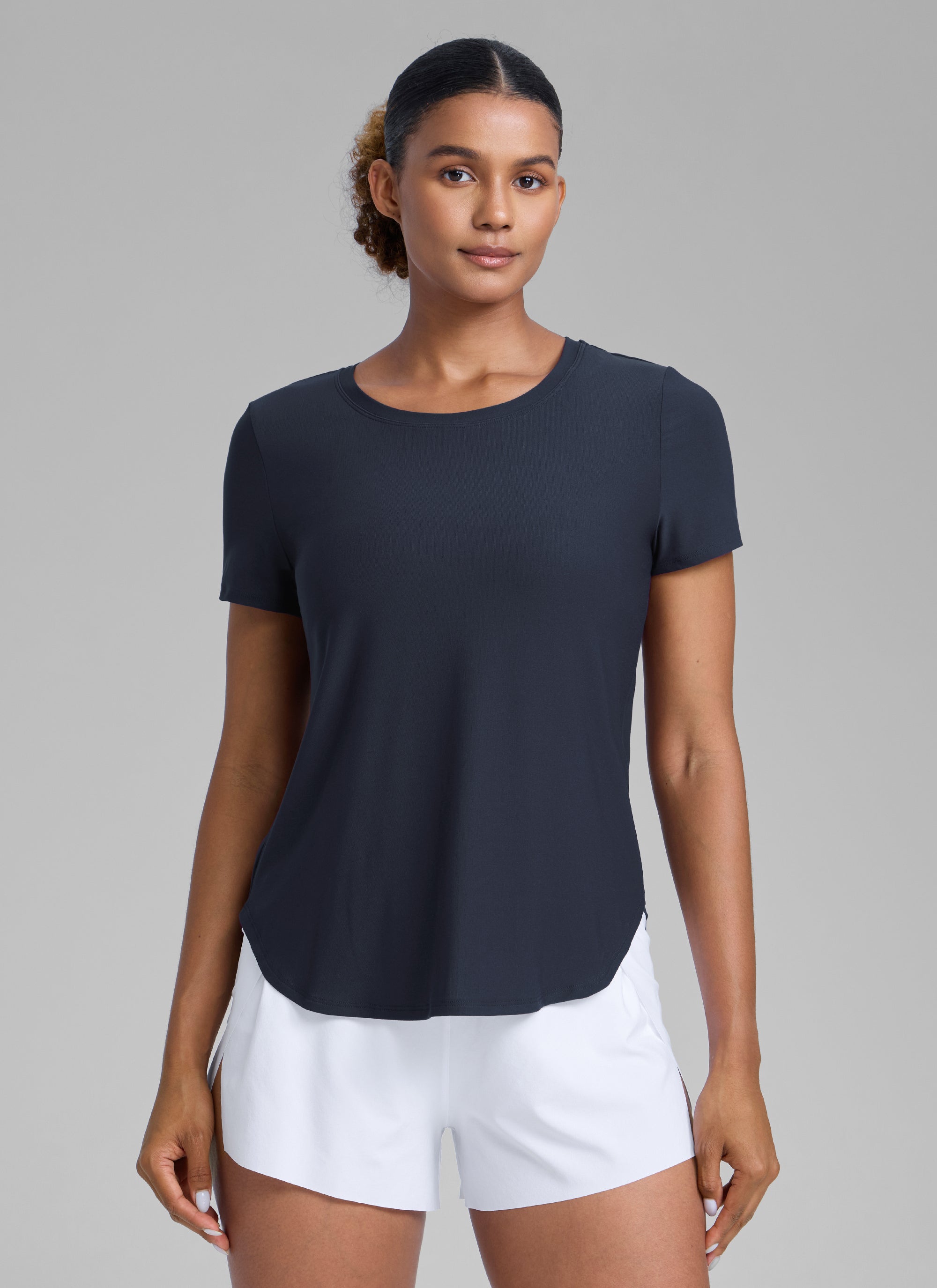 CRZ YOGA Women's Workout Lightweight Crewneck Short Sleeves Side Slit True Navy