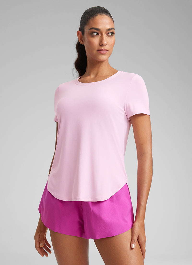 CRZ YOGA Women's Workout Lightweight Crewneck Short Sleeves Side Slit Pink Peony