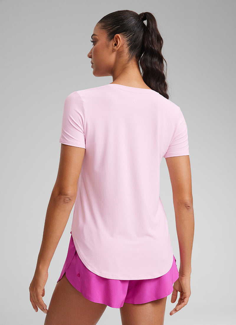 CRZ YOGA Women's Workout Lightweight Crewneck Short Sleeves Side Slit Pink Peony