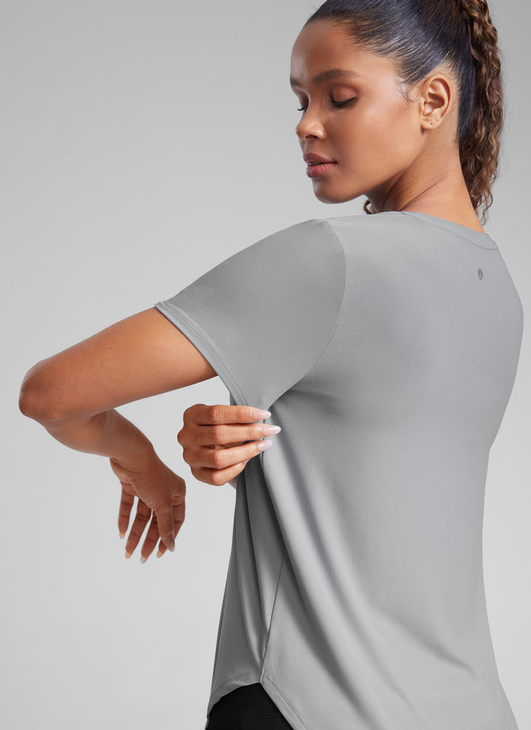 CRZ YOGA Women's Workout Lightweight Crewneck Short Sleeves Side Slit Silver Gray