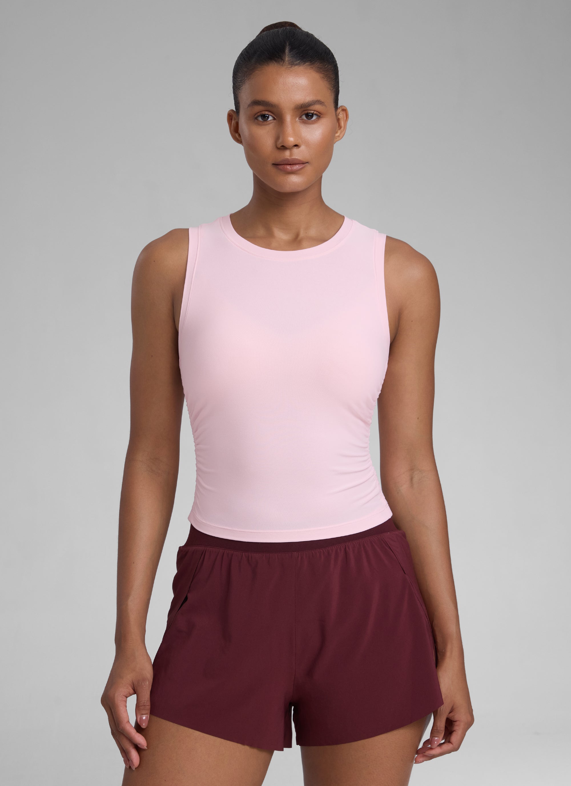 CRZ YOGA Women's Workout Tight Fit Ruched Athletic Tank High Neck Strawberry Pink