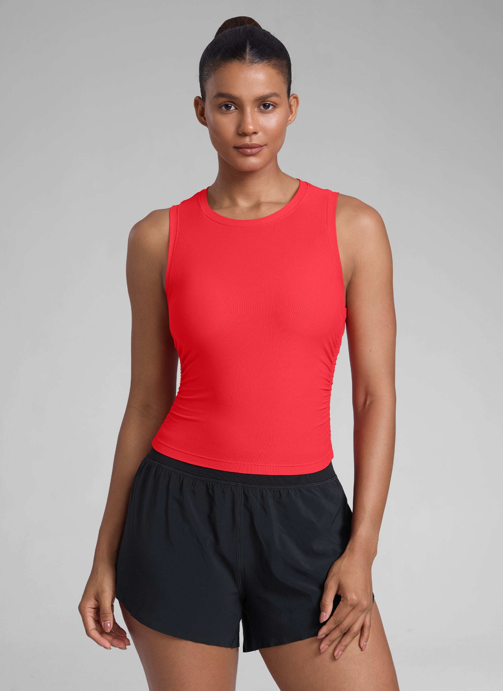 CRZ YOGA Women's Workout Tight Fit Ruched Athletic Tank High Neck Deep Red