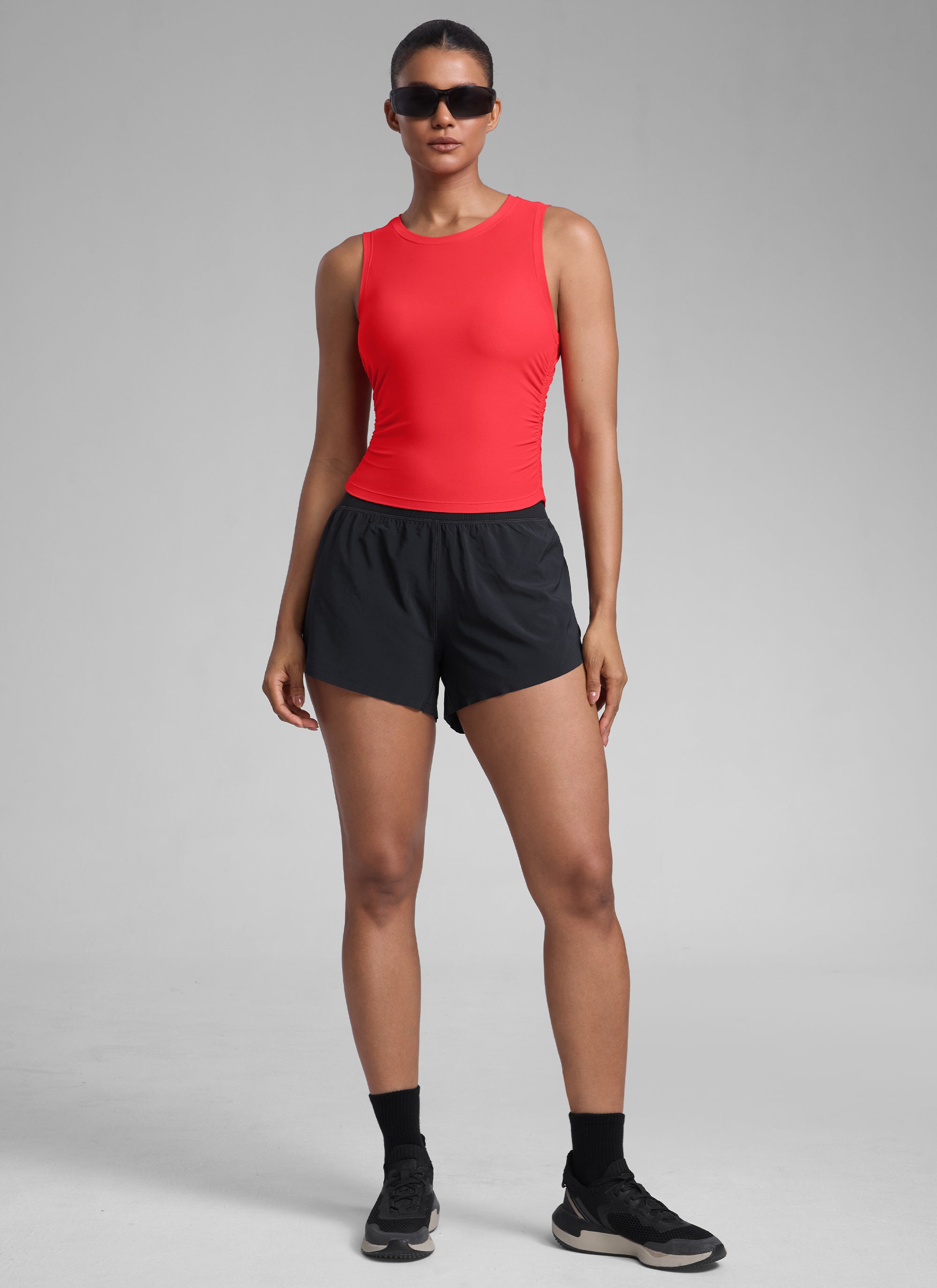 CRZ YOGA Women's Workout Tight Fit Ruched Athletic Tank High Neck Deep Red