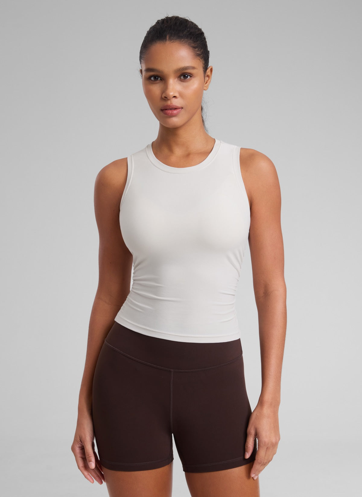 CRZ YOGA Women's Workout Tight Fit Ruched Athletic Tank High Neck Milky White