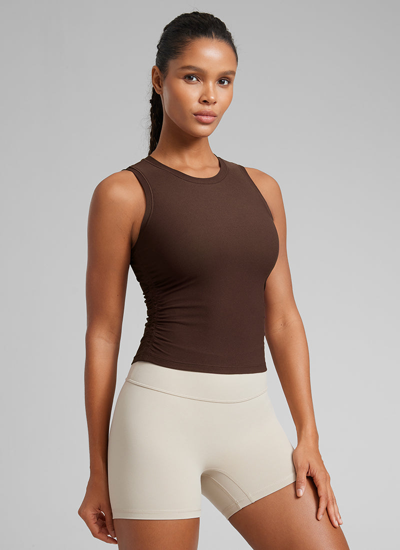 CRZ YOGA Women's Workout Tight Fit Ruched Athletic Tank High Neck Coffee Brown