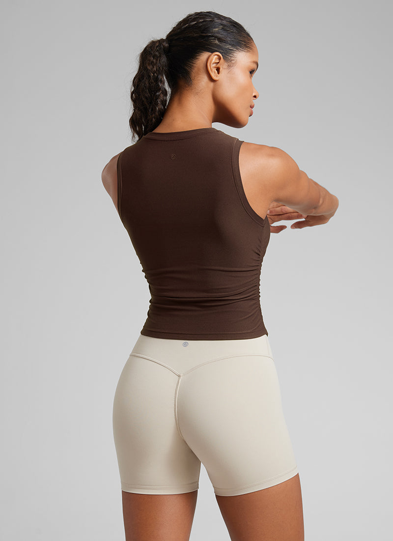 CRZ YOGA Women's Workout Tight Fit Ruched Athletic Tank High Neck Coffee Brown