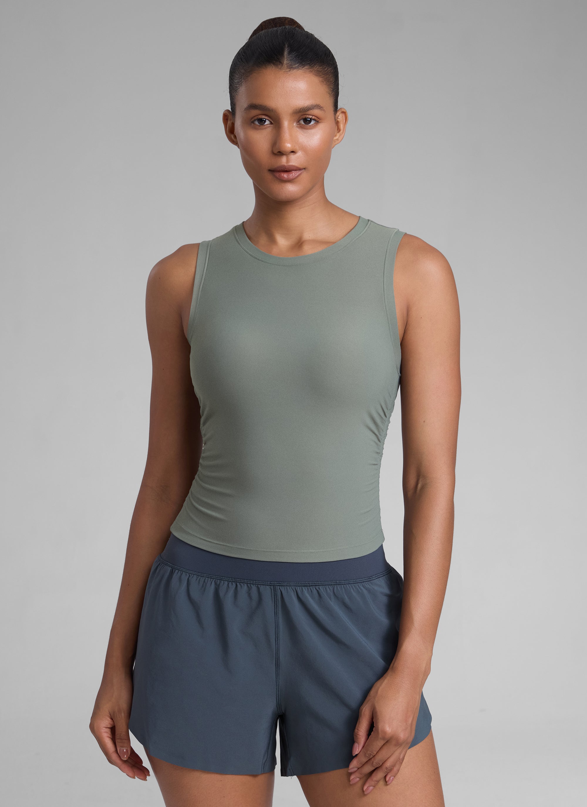 CRZ YOGA Women's Workout Tight Fit Ruched Athletic Tank High Neck Grey Sage