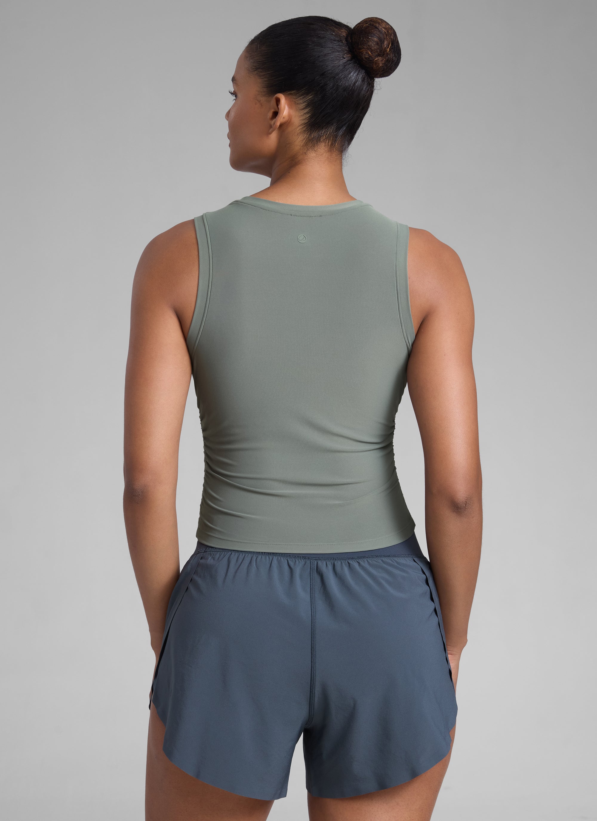 CRZ YOGA Women's Workout Tight Fit Ruched Athletic Tank High Neck Grey Sage