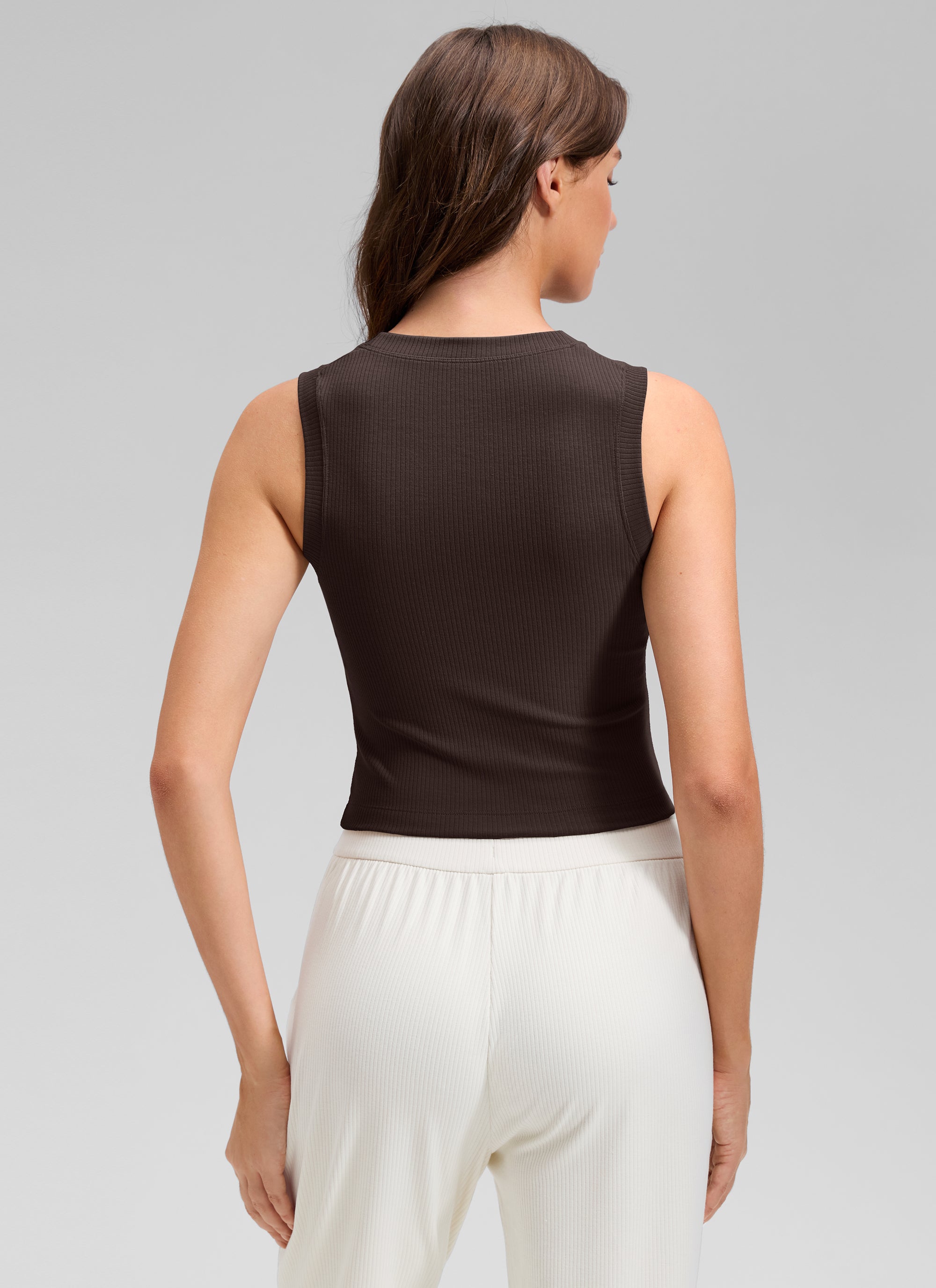 CRZ YOGA Women's Yoga Tight Fit Ribbed Tank high Neck Waist Length Hot Fudge Brown