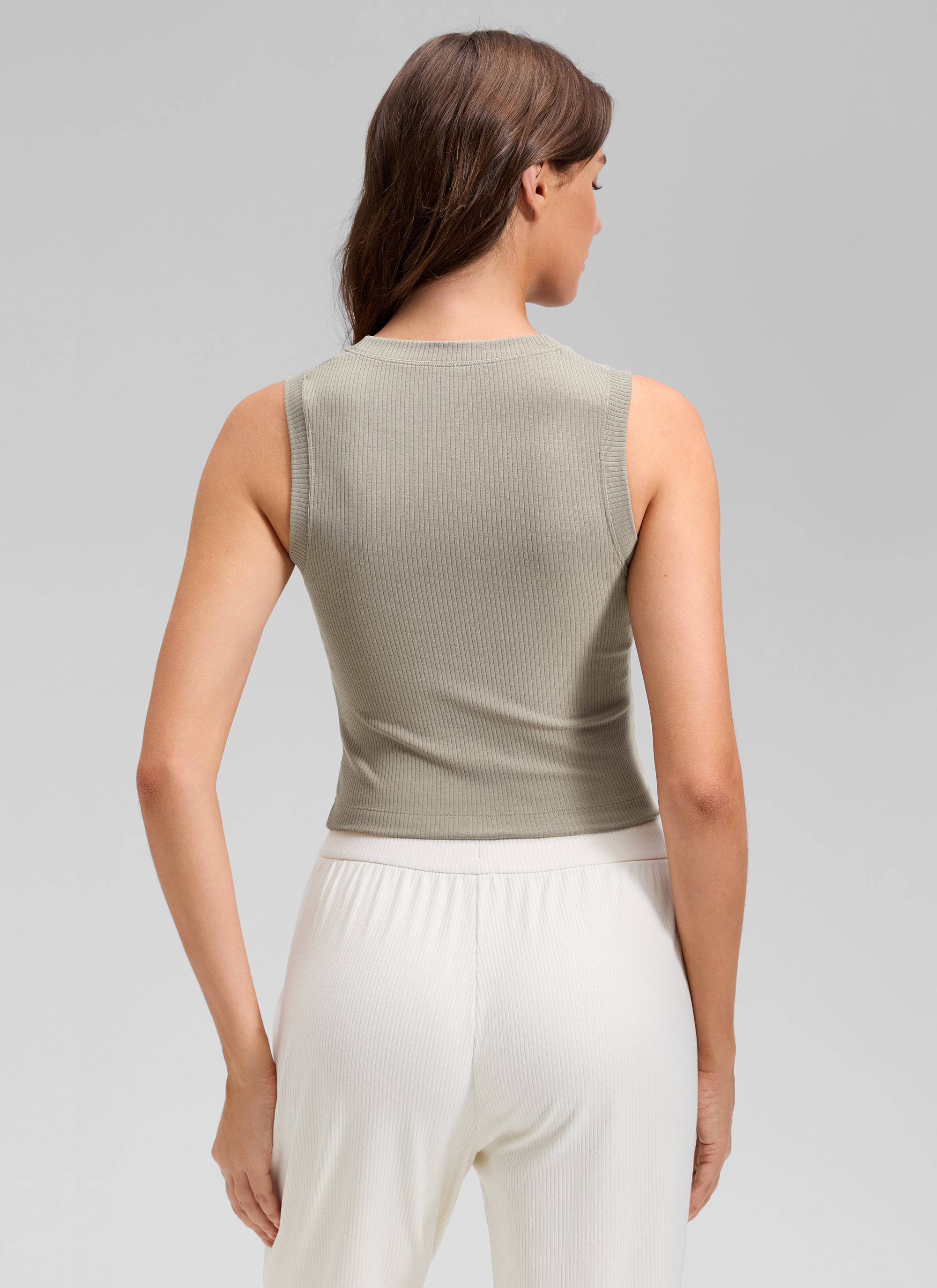 CRZ YOGA Women's Yoga Tight Fit Ribbed Tank high Neck Waist Length Warm Ash Grey