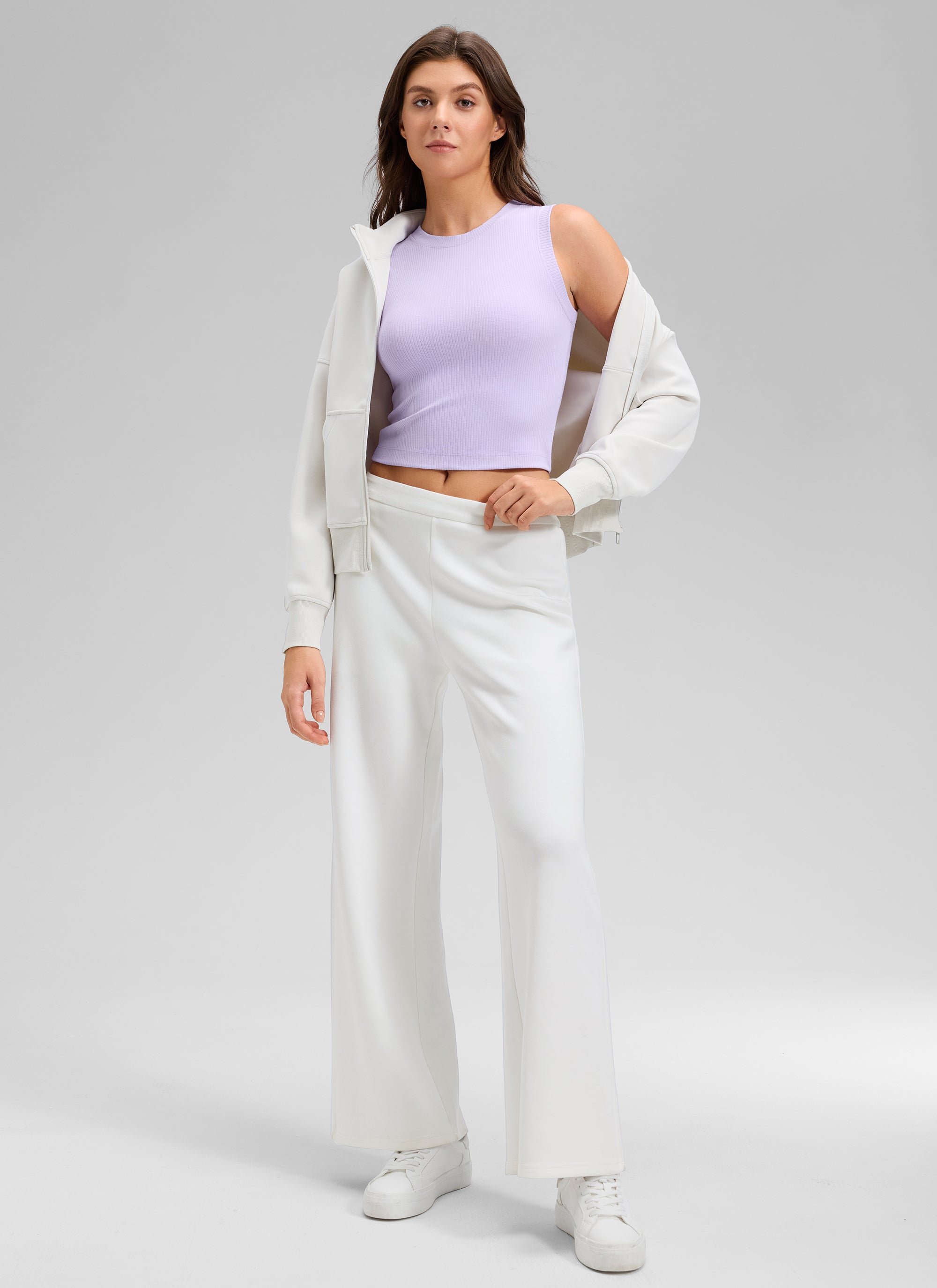 CRZ YOGA Women's Yoga Tight Fit Ribbed Tank high Neck Waist Length Lavender Frost