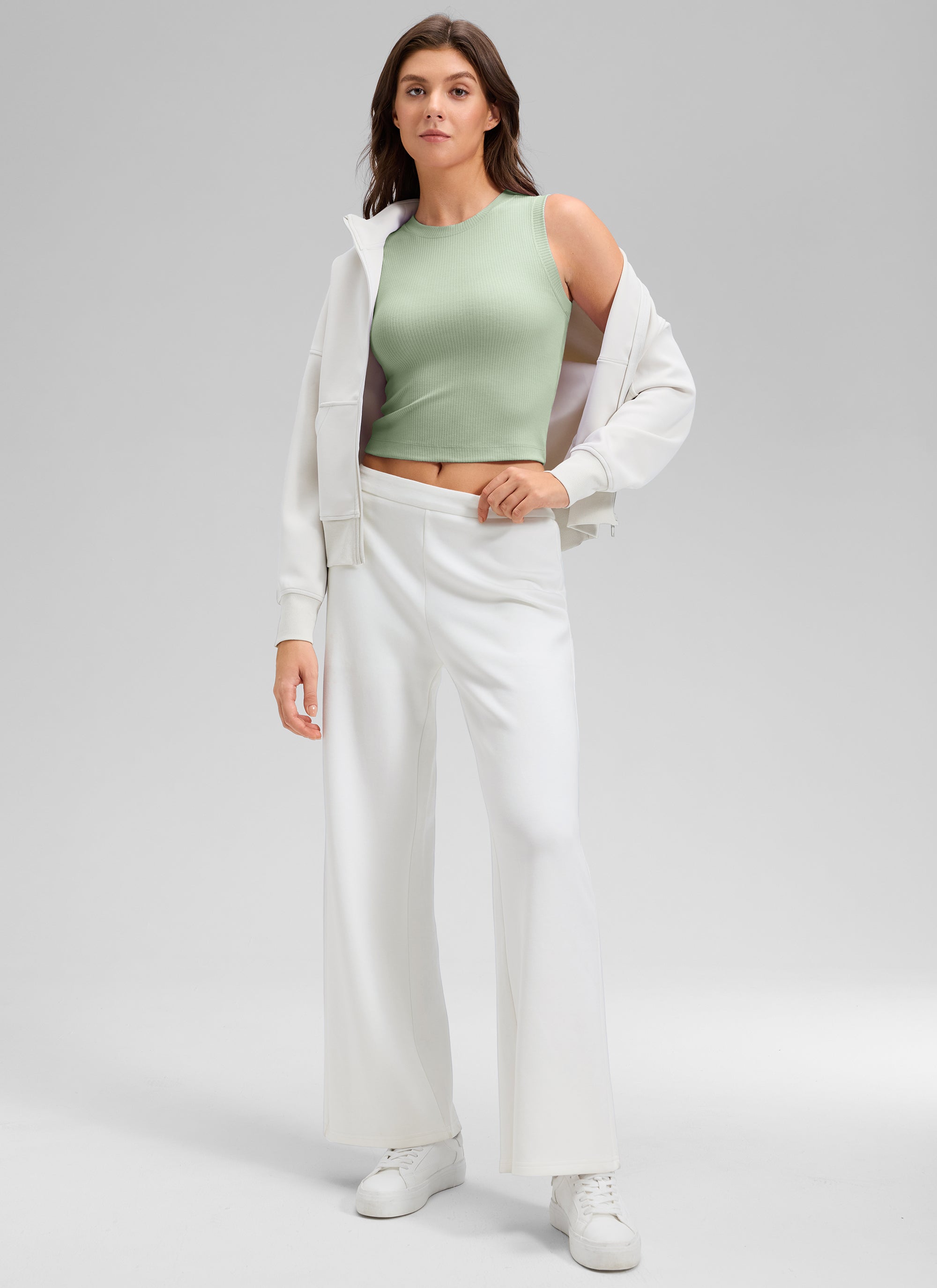 CRZ YOGA Women's Yoga Tight Fit Ribbed Tank high Neck Waist Length Fog Green