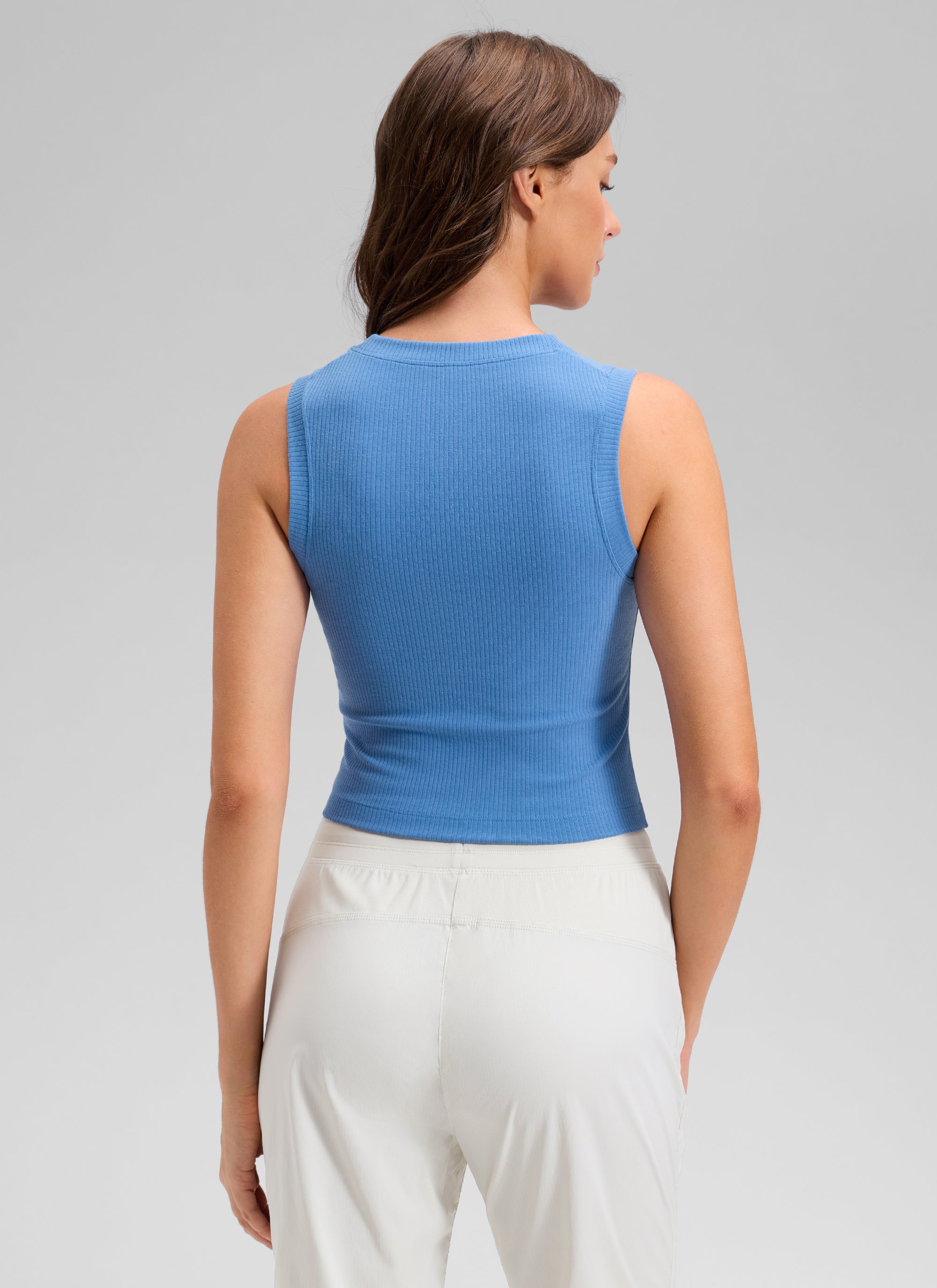 CRZ YOGA Women's Yoga Tight Fit Ribbed Tank high Neck Waist Length Party Blue