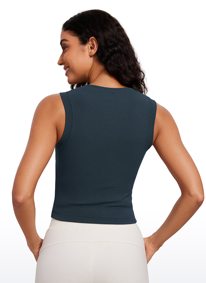 CRZ YOGA Women's Yoga Tight Fit Ribbed Tank high Neck Waist Length True Navy