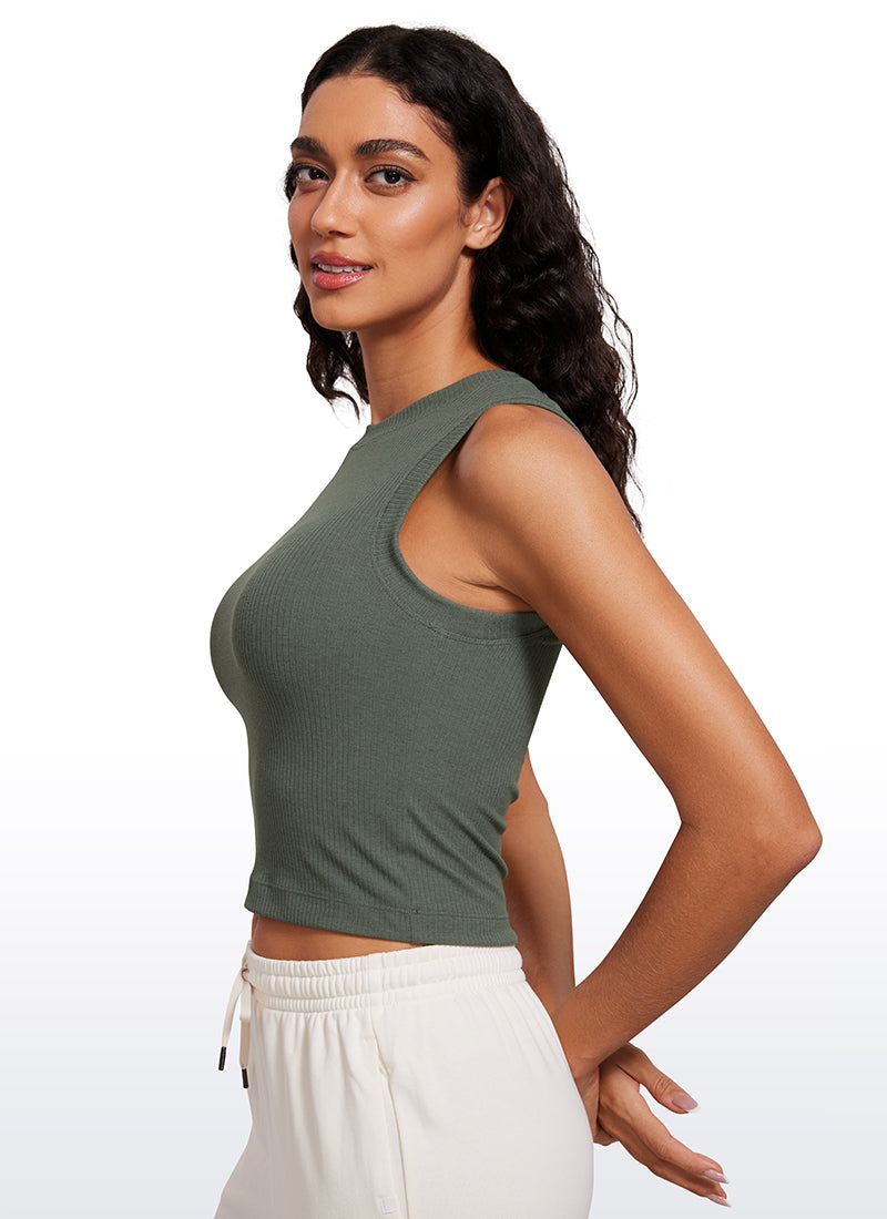 CRZ YOGA Women's Yoga Tight Fit Ribbed Tank high Neck Waist Length Grey Sage