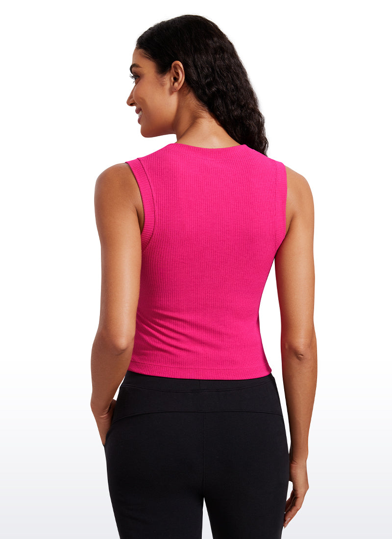 CRZ YOGA Women's Yoga Tight Fit Ribbed Tank high Neck Waist Length Granita Pink