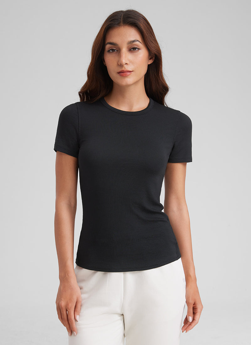 CRZ YOGA Womens Fitted Casual Ribbed Modal Crew Neck Short Sleeves Black