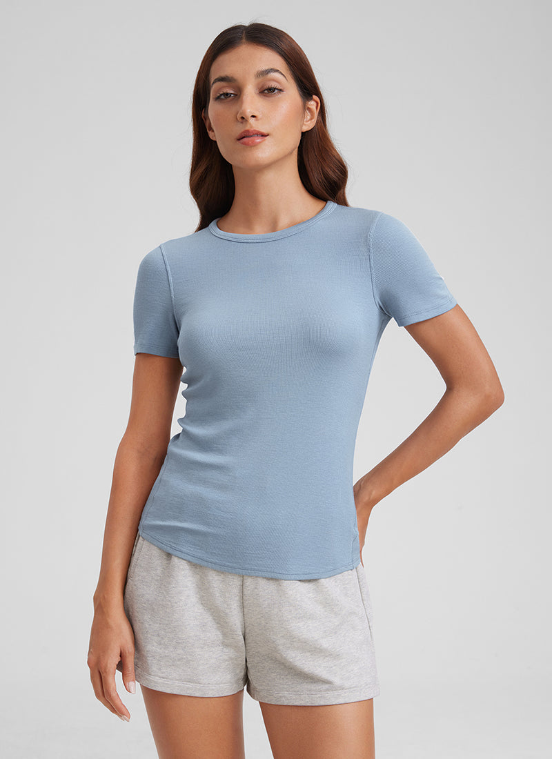 CRZ YOGA Womens Fitted Casual Ribbed Modal Crew Neck Short Sleeves Cambric Blue