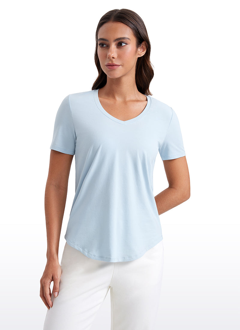 CRZ YOGA Women's Yoga Relaxed Fit Pima Cotton Short Sleeves V Neck Blue Linen