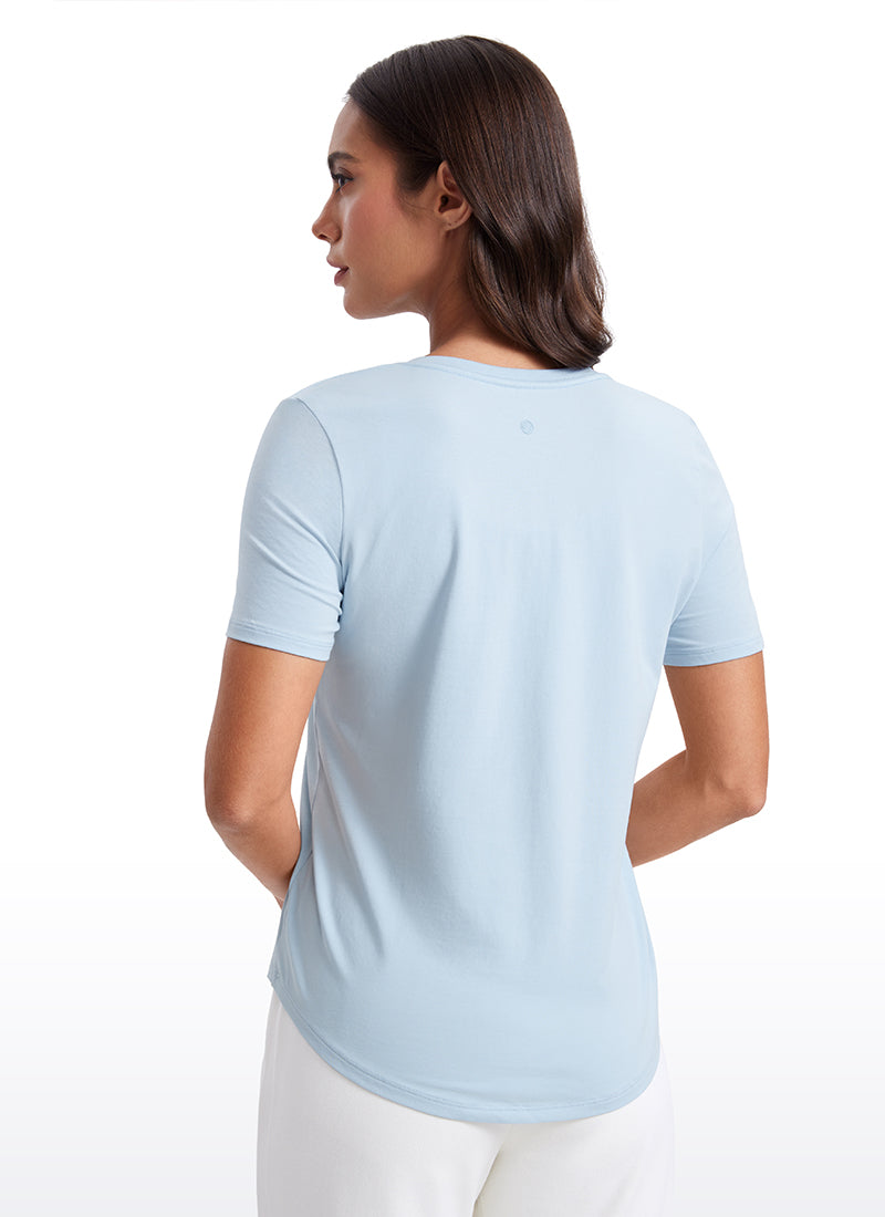 CRZ YOGA Women's Yoga Relaxed Fit Pima Cotton Short Sleeves V Neck Blue Linen
