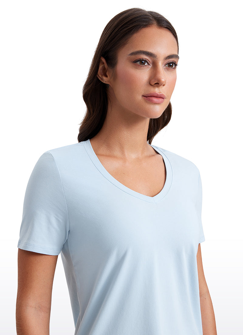 CRZ YOGA Women's Yoga Relaxed Fit Pima Cotton Short Sleeves V Neck Blue Linen