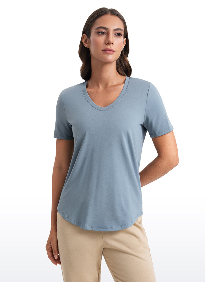 CRZ YOGA Women's Yoga Relaxed Fit Pima Cotton Short Sleeves V Neck Belgian Blue