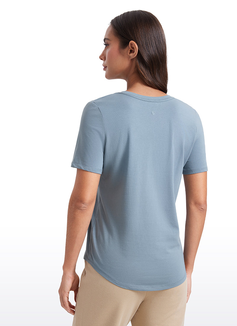 CRZ YOGA Women's Yoga Relaxed Fit Pima Cotton Short Sleeves V Neck Belgian Blue