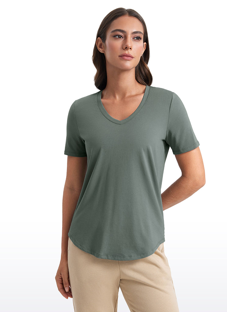 CRZ YOGA Women's Yoga Relaxed Fit Pima Cotton Short Sleeves V Neck Blue Linen