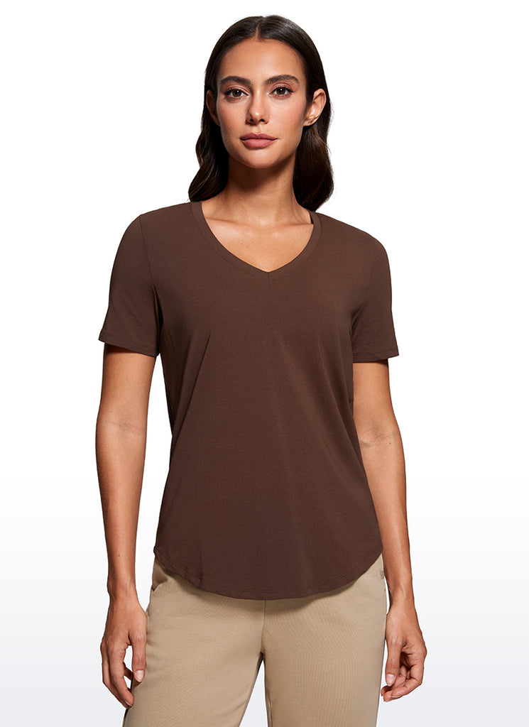 CRZ YOGA Women's Yoga Relaxed Fit Pima Cotton Short Sleeves V Neck Blue Linen