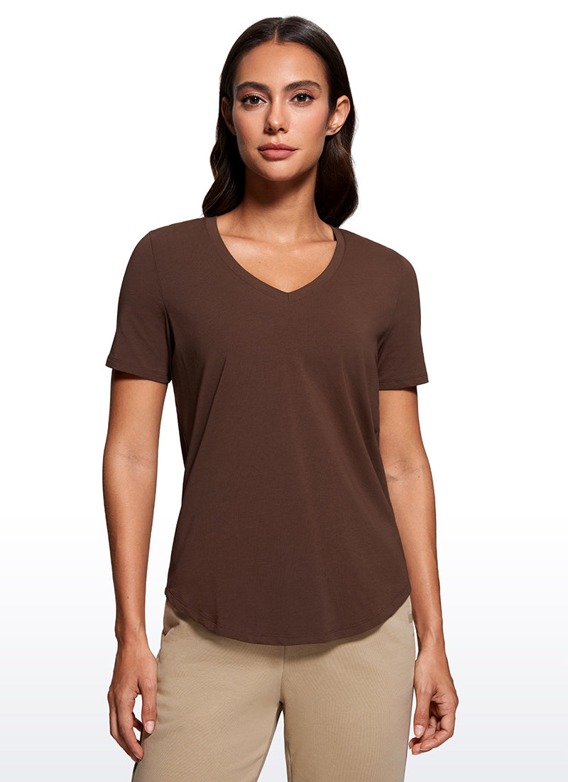 CRZ YOGA Women's Yoga Relaxed Fit Pima Cotton Short Sleeves V Neck Coffee Brown