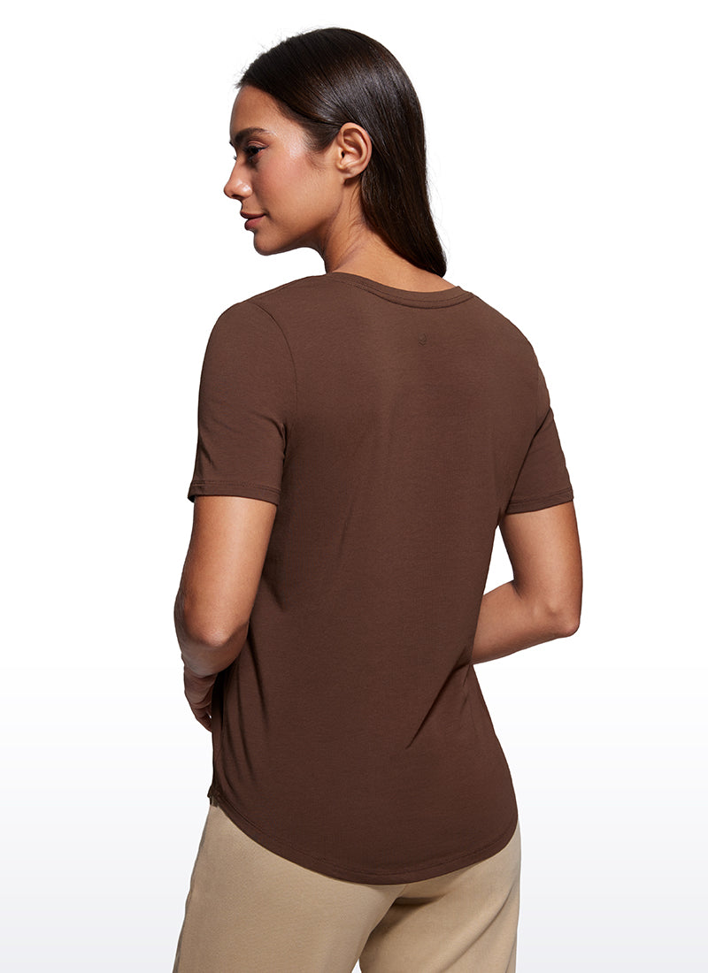 CRZ YOGA Women's Yoga Relaxed Fit Pima Cotton Short Sleeves V Neck Coffee Brown