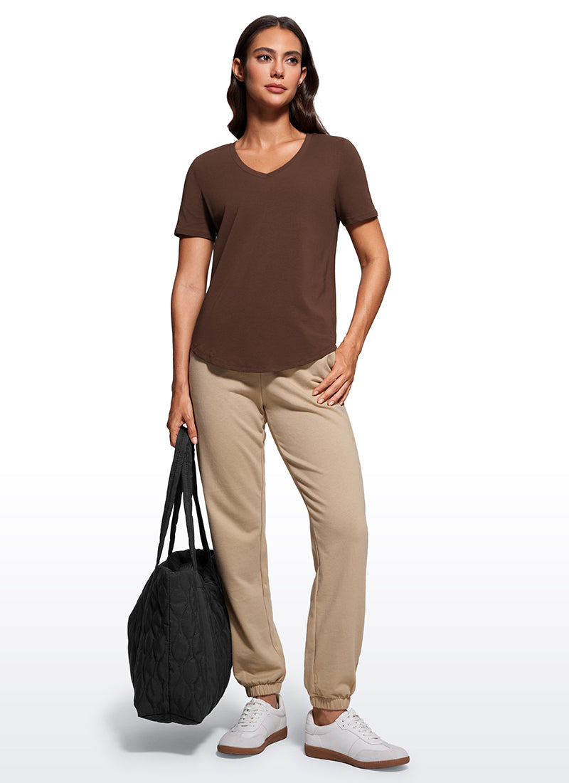 CRZ YOGA Women's Yoga Relaxed Fit Pima Cotton Short Sleeves V Neck Coffee Brown