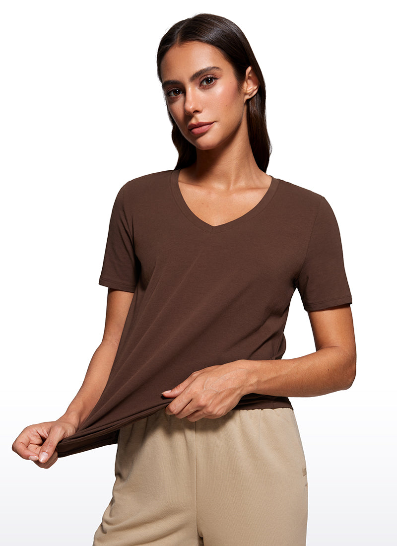 CRZ YOGA Women's Yoga Relaxed Fit Pima Cotton Short Sleeves V Neck Coffee Brown