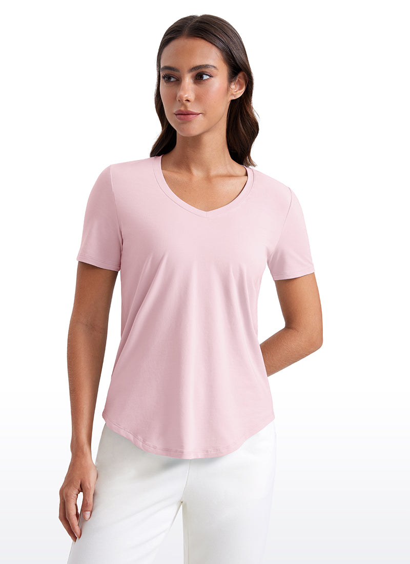 CRZ YOGA Women's Yoga Relaxed Fit Pima Cotton Short Sleeves V Neck Strawberry Pink