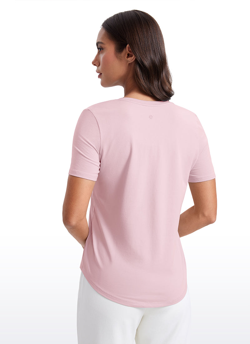 CRZ YOGA Women's Yoga Relaxed Fit Pima Cotton Short Sleeves V Neck Strawberry Pink