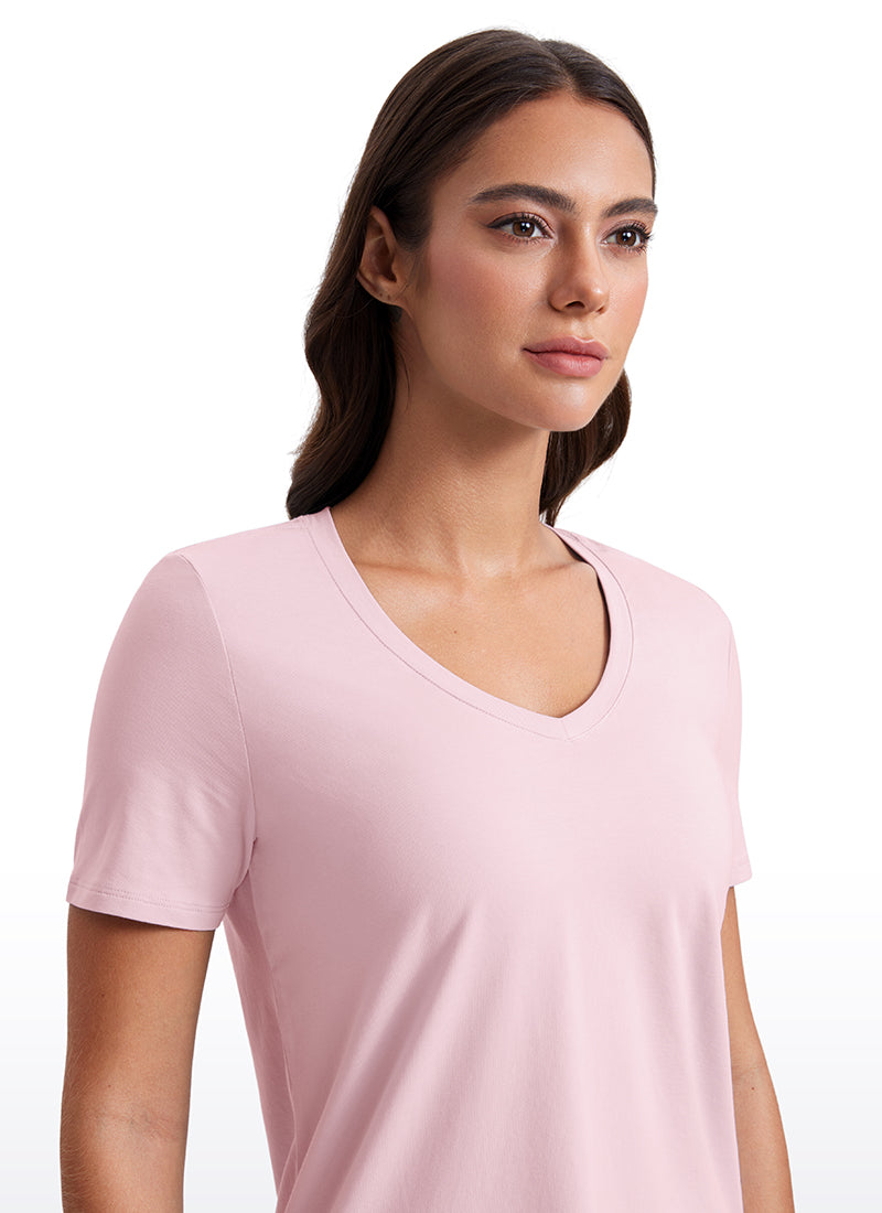 CRZ YOGA Women's Yoga Relaxed Fit Pima Cotton Short Sleeves V Neck Strawberry Pink