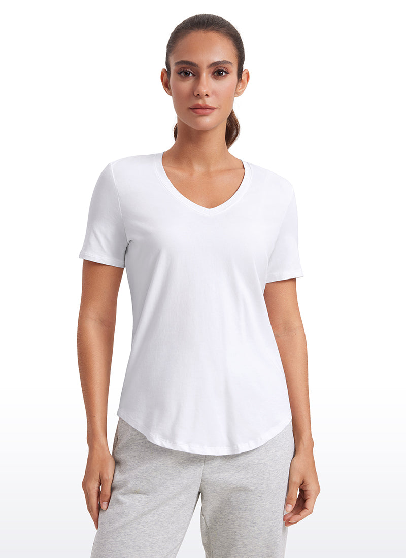 CRZ YOGA Women's Yoga Relaxed Fit Pima Cotton Short Sleeves V Neck White