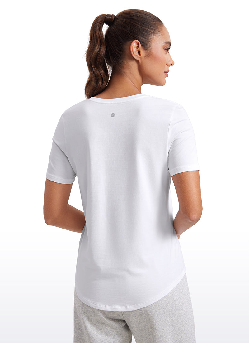 CRZ YOGA Women's Yoga Relaxed Fit Pima Cotton Short Sleeves V Neck White