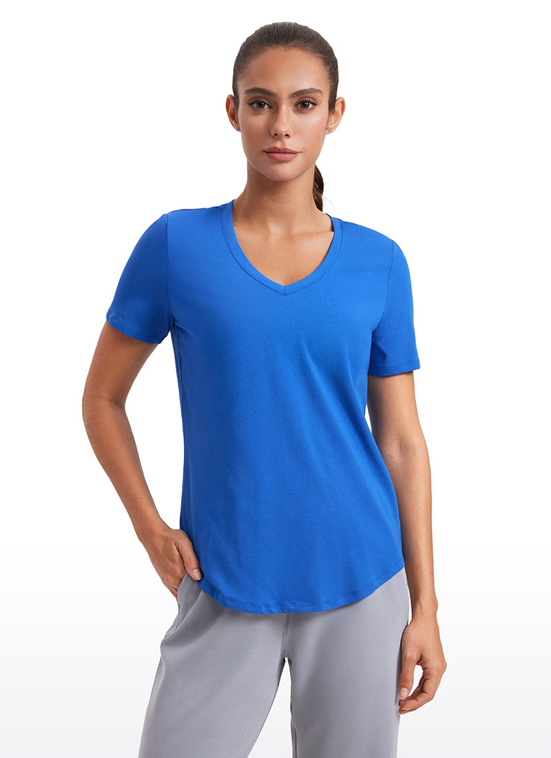 CRZ YOGA Women's Yoga Relaxed Fit Pima Cotton Short Sleeves V Neck Sparkle Blue