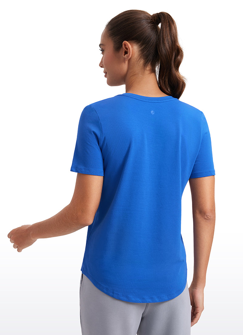 CRZ YOGA Women's Yoga Relaxed Fit Pima Cotton Short Sleeves V Neck Sparkle Blue